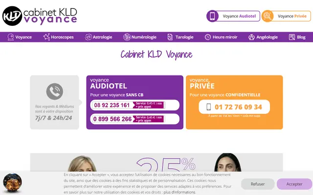 Capture de l’accueil de Cabinet KLD Voyance. Rien n’y a été recadré ni surligné.