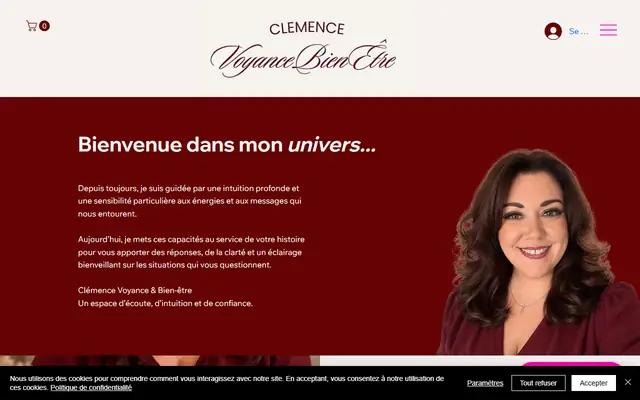 Capture de l’accueil de Clémence Voyance et bien-être. Rien n’y a été recadré ni surligné.