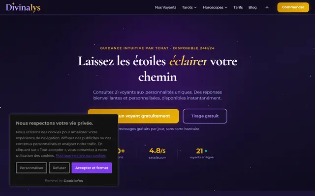 Capture de l’accueil de Divinalys. Rien n’y a été recadré ni surligné.