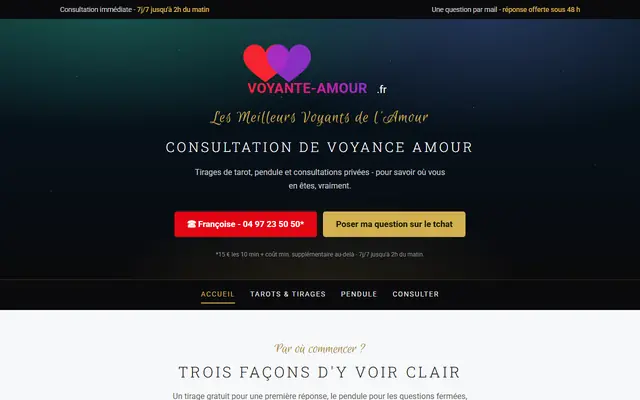 Capture de l’accueil de Voyante Amour. Rien n’y a été recadré ni surligné.