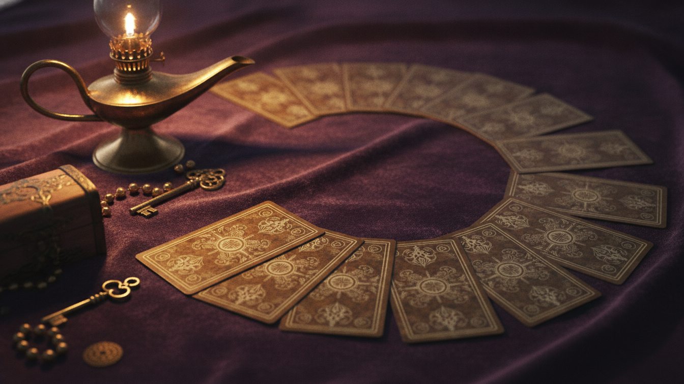 Cartes de tarot posées face cachée en éventail sur du velours, une lampe à huile de laiton éclairant le bord du cadre